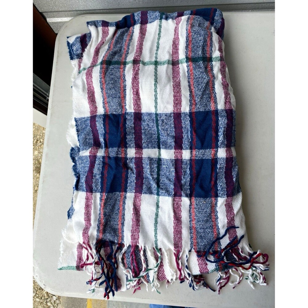 SERRA Plaid Oversized Scarf Fringe Wrap Shawl Blanket Scarf Blue White Acrylic